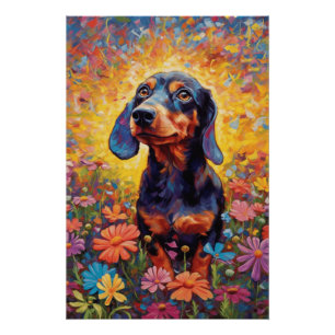 Dachshund Frolicking in een veld van kleurrijke bl Perfect Poster