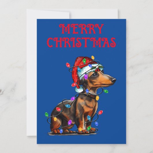 "DACHSHUND GEWIKKELD IN KERSTVERLICHTING" KAART (Voorkant)