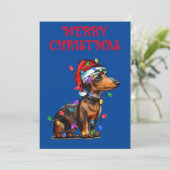 "DACHSHUND GEWIKKELD IN KERSTVERLICHTING" KAART (Staand voorkant)