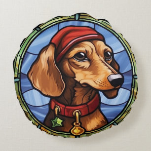 Dachshund Glas in lood Kerst Rond Kussen