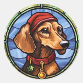 Dachshund Glas in lood Kerst Ronde Sticker (Voorkant)