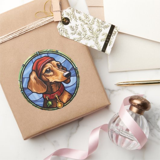 Dachshund Glas in lood Kerst Ronde Sticker (Geschenken)