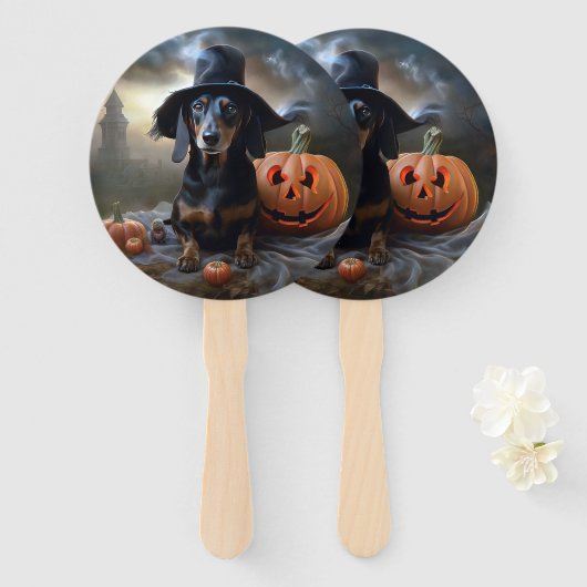 Dachshund Halloween Griezelen Handwaaier (Voorkant en achterkant)