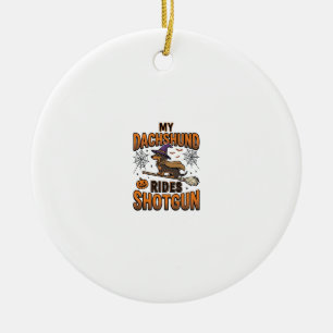 Dachshund Halloween Heks Bezem Rijdt Schot Shotgun Keramisch Ornament