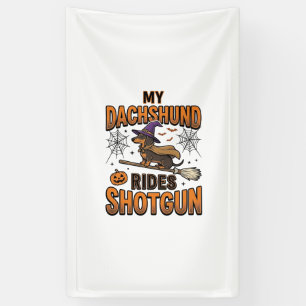 Dachshund Halloween Heks Bezem Rijdt Schotgun T-sh Spandoek