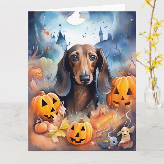 Dachshund Halloween met pompoenen eng Kaart (Gele Bloem)