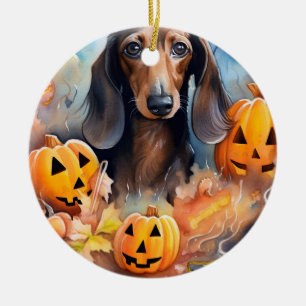 Dachshund Halloween met pompoenen eng Keramisch Ornament