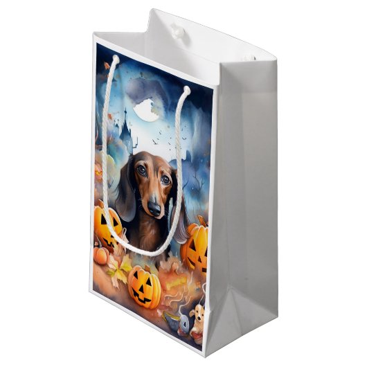 Dachshund Halloween met pompoenen eng Klein Cadeauzakje (Voorkant Gekanteld)