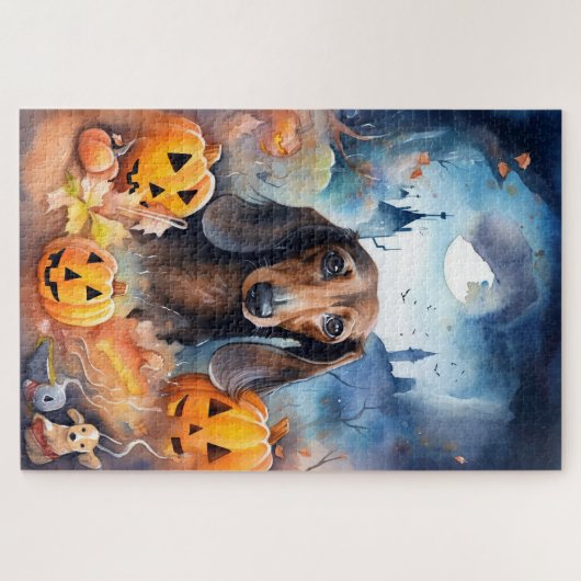 Dachshund Halloween met pompoenen eng Legpuzzel (Horizontaal)
