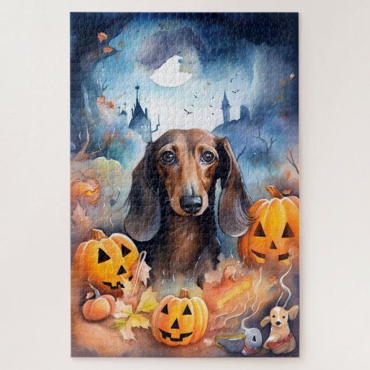 Dachshund Halloween met pompoenen eng Legpuzzel (Verticaal)