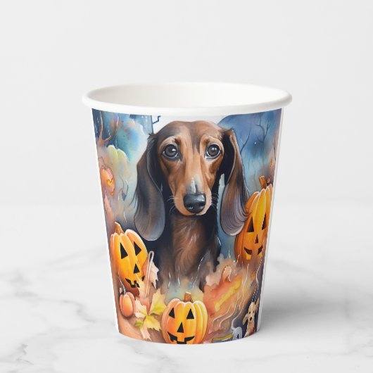 Dachshund Halloween met pompoenen eng Papieren Bekers (Achterkant)