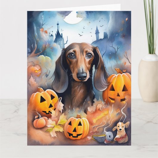Dachshund Halloween met pompoenen griezelig Kaart (Voorkant)