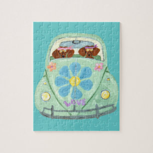 Dachshund Hippies In Hun Bloemliefde Auto Legpuzzel