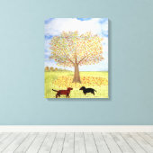 Dachshund Hond Herfst Tree Walk Canvas Afdruk (Insitu (Houten vloer))