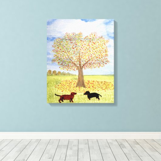 Dachshund Hond Herfst Tree Walk Canvas Afdruk (Insitu (Houten vloer))
