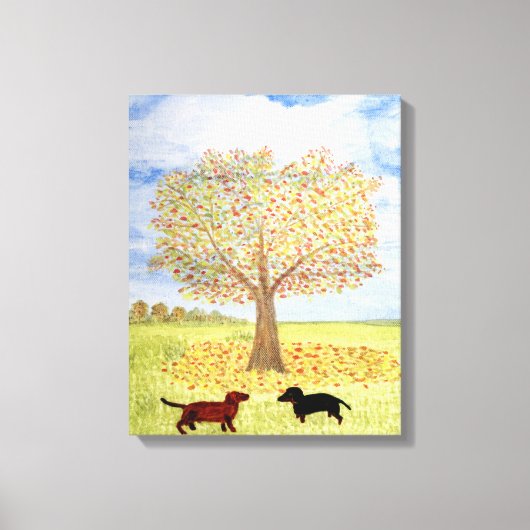 Dachshund Hond Herfst Tree Walk Canvas Afdruk (Voorkant)