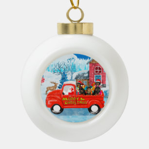 Dachshund-hond in Kerstbezorgingswagen Sneeuw Keramische Bal Ornament