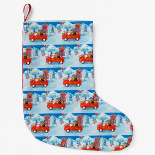 Dachshund-hond in kerstbezorgingswagen sneeuw kleine kerstsok
