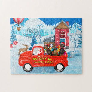 Dachshund hond in Kerstbezorgingswagen Sneeuw Legpuzzel