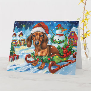Dachshund-hond in slee sneeuw Kerstmis Kaart