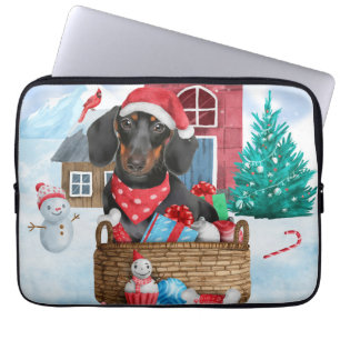 Dachshund hond in sneeuw Kerstmis hondenhok Laptop Sleeve