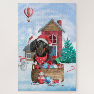 Dachshund-hond in sneeuw Kerstmis hondenhok Legpuzzel