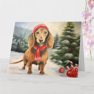 Dachshund-hond in sneeuw Kerstmis Kaart