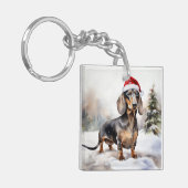 Dachshund Hond in Sneeuw Kerstmis Sleutelhanger (Voorkant Links)