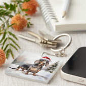 Dachshund Hond in Sneeuw Kerstmis Sleutelhanger (Voorkant Rechts)