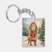 Dachshund Hond in Sneeuw Kerstmis Sleutelhanger (Voorkant Links)
