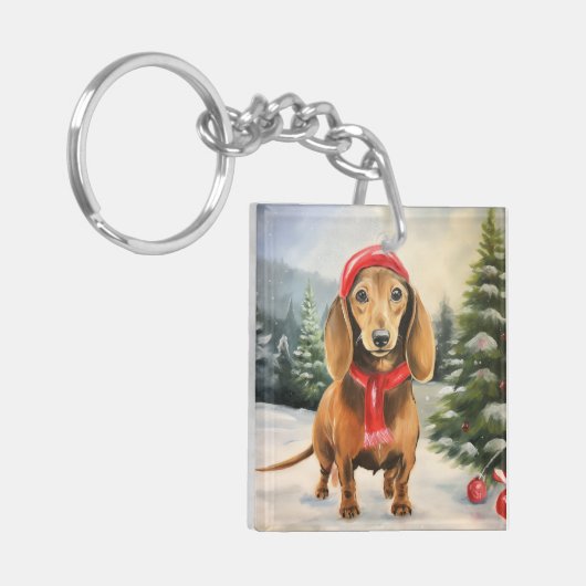 Dachshund Hond in Sneeuw Kerstmis Sleutelhanger (Voorkant Links)