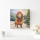 Dachshund Hond in Sneeuw Kerstmis Vierkante Klok (Huis)