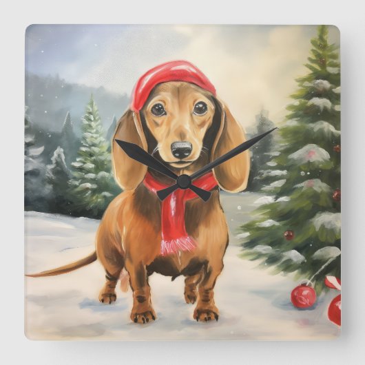 Dachshund Hond in Sneeuw Kerstmis Vierkante Klok (Voorkant)