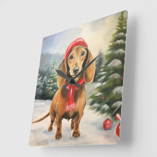 Dachshund Hond in Sneeuw Kerstmis Vierkante Klok
