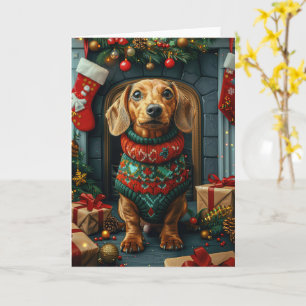 Dachshund-hond met kerstcadeaus open haard kaart