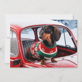 dachshund hond op een auto, en de feestdagen kaart