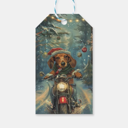Dachshund Hond Rijden Motorfiets Kerstmis Cadeaulabel (Voorkant)