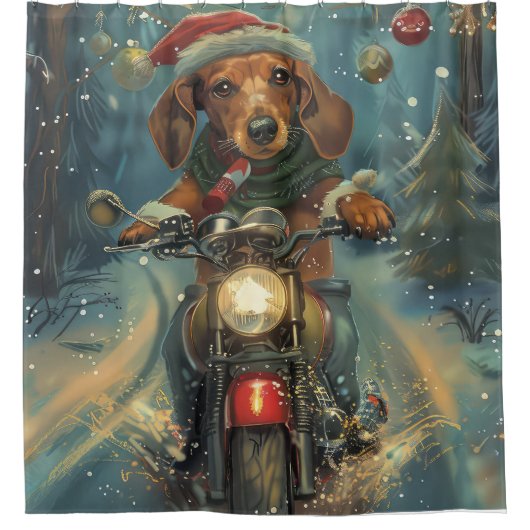 Dachshund Hond Rijden Motorfiets Kerstmis Douchegordijn (Voorkant)