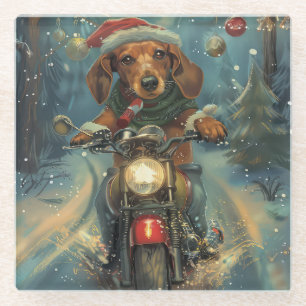 Dachshund Hond Rijden Motorfiets Kerstmis Glazen Onderzetter