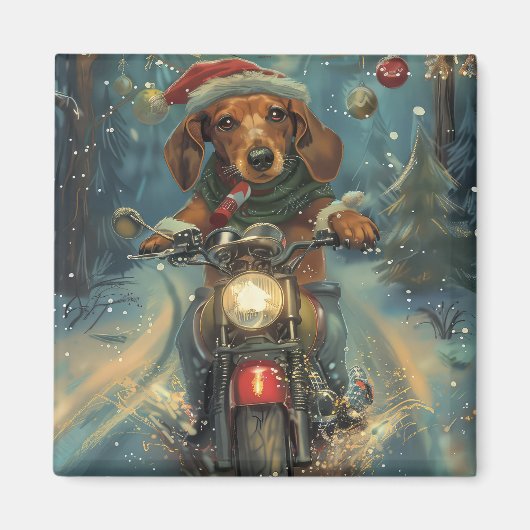 Dachshund Hond Rijden Motorfiets Kerstmis Magneet (Voorkant)