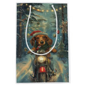 Dachshund Hond Rijden Motorfiets Kerstmis Medium Cadeauzakje (Voorkant)