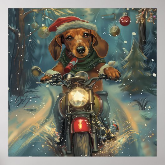 Dachshund Hond Rijden Motorfiets Kerstmis Poster (Voorkant)