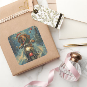 Dachshund Hond Rijden Motorfiets Kerstmis Vierkante Sticker