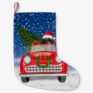 Dachshund-hond rijdt auto in sneeuw met Kerstmis Kleine Kerstsok