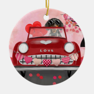 Dachshund-hond rijdt in auto met harten Valentijns Keramisch Ornament