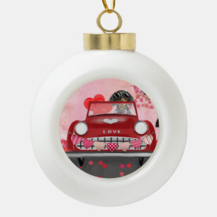 Dachshund-hond rijdt in auto met harten Valentijns Keramische Bal Ornament