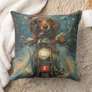 Dachshund-hond rijdt op motorfiets met Kerstmis Kussen