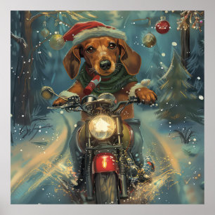 Dachshund-hond rijdt op motorfiets met Kerstmis Poster