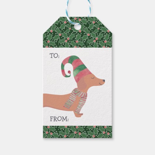 Dachshund Hond Vrolijk Kerstfeest Cadeaulabel (Voorkant)