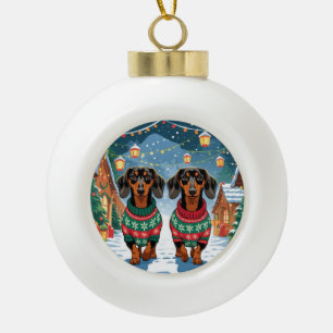 Dachshund Honden Kerstmis Sneeuw Feestdag Keramische Bal Ornament